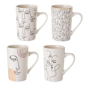 Rétro Set de 4 mugs visages en céramique