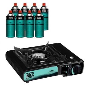 Intec Réchaud gaz portable 2200 W + 8 Cartouches gaz butane Camping Road trips Piezo Mallette Etna