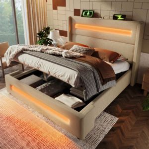 Lit coffre 140x200 cm avec &eacute;clairage led t&eacute;l&eacute;command, port de charge usb et Type-C, cadre de lit en m&eacute;tal, lin, sans matelas, beige