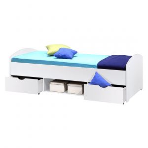 Emob Lit Nero en blanc, avec deux tiroirs de lit sur roulettes et un compartiment ouvert. Matelas et sommier &agrave; lattes non inclus.