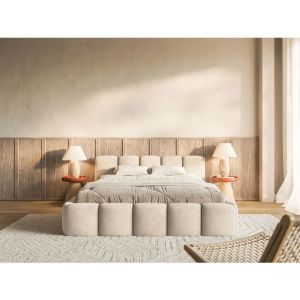 Lit rembourr&eacute; &ndash; Cloudy Low &ndash; 200x200 cm &ndash; beige clair &ndash; avec coffre de rangement &ndash; velours hydrophobe