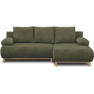 Canap&eacute; d'angle droit convertible - 3 places - MIKA - Tissu velours c&ocirc;tel&eacute; vert kaki - Coffre de rangement - 192 x 84 x 93 cm