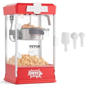 VEVOR Machine &agrave; Pop Corn 480 W, Appareil &agrave; Pop-corn de Comptoir &Eacute;lectrique, Grand Bol de 113 g pour 5,7 L par Lot, avec Verre Tremp&eacute;, 3 Cuill&egrave;res, Style Cin&eacute;ma, pour F&ecirc;te Magasin Soir&eacute;e, Rouge