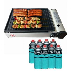 Intec Barbecue à gaz Grill 1900W + 8 cartouches de gaz Butane Allumage Piezo + Récupérateur de graisse Camping COOK160