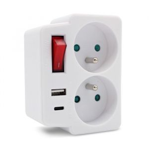 FISHTEC Multiprise Murale avec 2 Prises Secteur + 1 Port USB-A + 1 USB-C - Interrupteur &Eacute;conomie d'&Eacute;nergie, Protection Enfant, 3500W, Charge Rapide, Blanc Compact