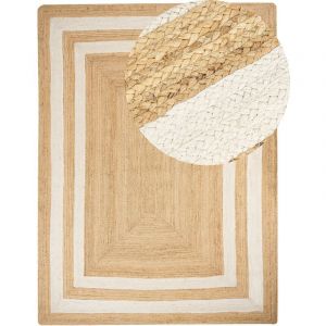 Beliani Tapis en Jute Tress&eacute; Naturel Beige 300 x 400 cm Motif de Cadre Style Boho Gemerek