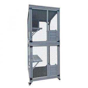 wiltec Enclos extérieur chats parc 74x78x180cm Bois sapin Acier 3 niveaux Roues