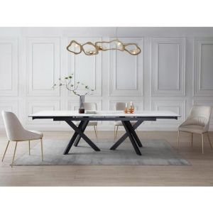 Table à manger extensible 8 à 12 personnes en verre trempé et céramique - Effet marbre blanc et noir - mariso