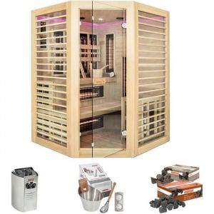 Holl's Sauna - Venus 3/4 places d'angles - Hybride Vapeur & Infrarouge Dual Healthy - Pack accessoires Premium pour sauna tradition