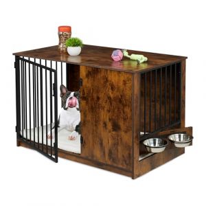Image de Relaxdays Cage pour Chien d'intérieur 65,5 x 102 x 60 cm avec 2 gamelles pivotantes, MDF et Acier, Aspect Bois, Marron/Noir, 50% Panneaux de Fibres, 20% Acier Inoxydable 30%