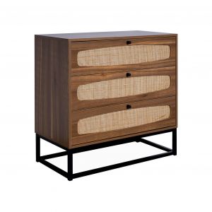 Sweeek - Commode rétro décor bois et cannage 3 tiroirs piètement et poignées en métal noir - Naturel