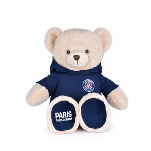Doudou et Compagnie PSG - Peluche Ours Mascotte 35 cm - Licence Officielle Paris Saint-Germain - Sweat &agrave; Capuche Amovible - Peluche Ultra Douce Souvenir PSG - Id&eacute;e Cadeau pour Enfants & Supporters Fan de Foot - DC4269