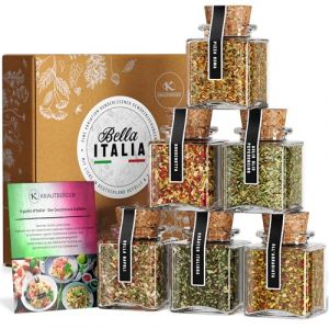 Krautberger - Coffret Cadeau Bio Italien "Bella Italia" – 6 Mélanges d'Herbes et d'Épices Italiennes avec Recettes – Coffret Premium pour Fans de