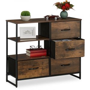 Image de Relaxdays Commode de style industriel, hlp 71,5 x 84 x 32,5 cm, métal, aspect bois, avec 4 tiroirs, buffet, marron/noir