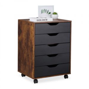 Relaxdays Caisson de Bureau, avec roulettes et 5 tiroirs, H x L x P : env. 66,5 x 48 x 39,5 cm, Marron et Noir