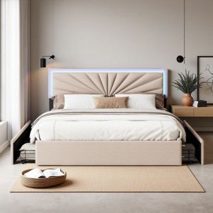 Lit double rembourr&eacute; 160x200 cm avec LED et 4 tiroirs - Lit 160x200 cm avec sommier - T&ecirc;te de lit r&eacute;glable hauteur - Tissu beige