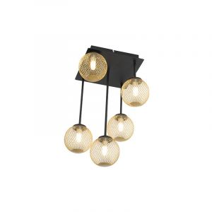 Qazqa Rustique Plafonnier Moderne Noir À 5 Lumières Dorées - Athens Wire Acier Doré/Laiton,Noir Rond / Luminaire / Lumiere / Éclairage / Intérieur / Salon / Cuisine G9 Max. 5 X 28 Watt