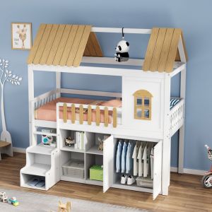 Lit superposé Lit cabane 90 x 200 cm en bois avec armoire, fenêtre, armoire à chaussures, balustrade, blanc et naturel
