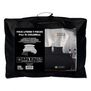 Soleil d'Ocre Ensemble Couette et Parure 7 Pi&egrave;ces Boheme Noir pour lit en 140x200 cm
