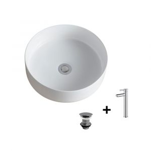 Vasque à poser ronde 36x36cm diego + robinet + bonde