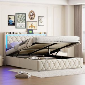 Lit coffre 140 x 200 avec sommier,lit 2 personnes avec LED et ports USB,lit 140x200 avec sommier à lattes bois,lit adulte,lit double tapissé en
