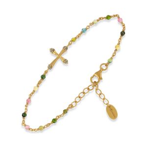 Bracelet En Argent Dor&eacute; Croix Pierres Naturelles Tourmaline