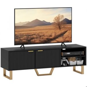 Homcom Meuble tv design contemporain 2 portes effet cannelé 2 niches piètement poignées métal doré mdf noir
