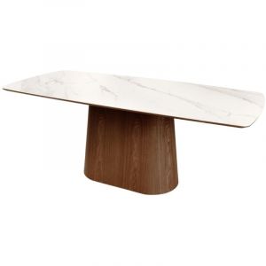 Table rectangulaire LUMEA &ndash; 200 cm &ndash; Plateau c&eacute;ramique effet marbre blanc et pied en bois fonc&eacute; &ndash; Style contemporain