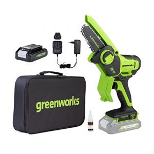 Greenworks 24V Mini Tron&ccedil;onneuse 10cm Tron&ccedil;onneuse &agrave; batterie sans fil aliment&eacute;e par batterie de 2 Ah, vitesse de cha&icirc;ne de 7,8 m/s, pour branches d'arbres, coupes de jardin, cour et usage domestique.