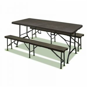 Lot table pliante 8 personnes effet bois + 2 bancs 4 pers