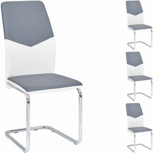 Idimex Lot de 4 chaises de salle à manger LEONA piètement chromé revêtement synthétique blanc et gris