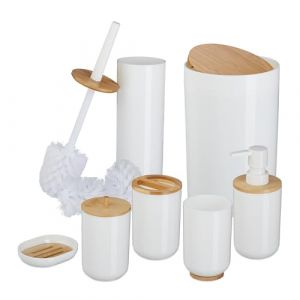 Relaxdays Lot de 7 Accessoires pour la Salle de Bain, Plastique et Bambou, Set Pratique, Blanc et Nature