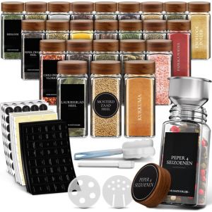 Soothe 24 pots &agrave; &eacute;pices carr&eacute;s en verre avec couvercle en acacia - 2 types de couvercles - Diffuseur d'&eacute;pices - Pots &agrave; &eacute;pices - Set complet avec autocollants pour &eacute;pices, b&acirc;ton de craie et accessoires - 120ml