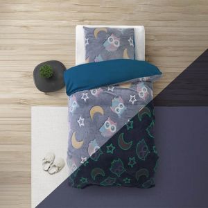 Sleeptime - Hibou de nuit - Housse de couette 140X200/220 + 1 x taie d'oreiller 60x70 - Bleu