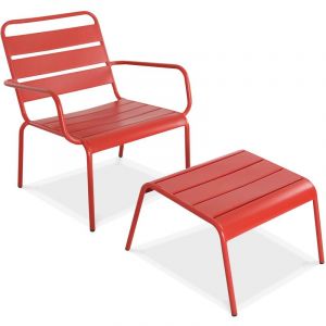 Oviala Fauteuil de jardin bas en métal et repose pieds, Palavas - Rouge