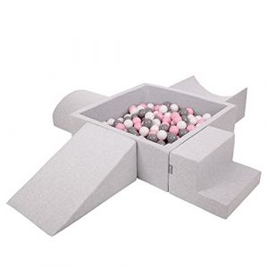 KiddyMoon Aire De Jeux En Mousse Avec Carré Piscine À Balles (200 Balles) Pour Enfants, Gris Clair: Blanc/Gris/Rose Poudré - gris clair: