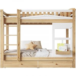 Lit superposé 90x200 cm avec porte de sécurité deux tiroirs, grand espace de rangement, Pin + mdf, blanc + naturel Matelas non inclus