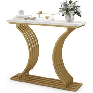 Console Entree, Table Console en Faux Marbre 100 cm, Design Géométrique Moderne, Cadre en Métal Doré, Kit Anti-Basculement Inclus, pour Entrée,