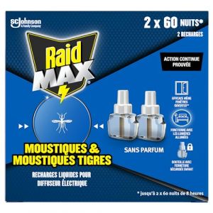 Raid Max Recharges Diffuseur Electrique Liquide - Anti-Moustiques et Moustiques Tigres 60 Nuits - Sans Parfum - 2 Recharges