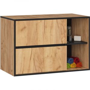 Meuble salle de bains VAMI suspendu sans vasque Chêne Craft et Noir 90 cm 2 tiroirs 2 étagères 90x45,5x60 cm