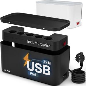 ACROPAQ Boite Cache Cable - 5 Prises, 3 USB A, Range Cable avec Cache Multiprise, Boîtier de Rangement - Cache Prise Electrique