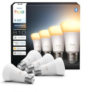 Philips Hue Ampoule LED connect&eacute;e A60, White Ambiance, Culot E27, 6 W, Spectre complet 1000-2000 K, 810 lumens, Intensit&eacute; variable, Compatible avec Alexa, Google Assistant et Apple Home, pack de 4