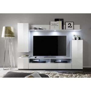 Ensemble meuble tv dos - 3 Portes - led - Mélamine blanc mat et brillant - L208 x P33 x H165 cm