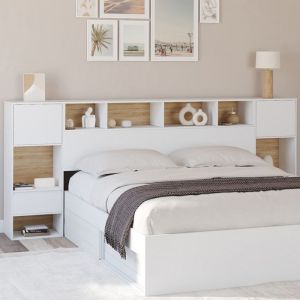 Idmarket Tête de lit sur pied campha 240 cm avec chevets tiroir + placards + niches bois et blanc