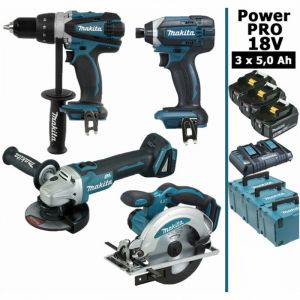 Makita Pack Power pro 18V: Perceuse 91Nm DDF458 + Meuleuse 125mm DGA504 + Visseuse &agrave; chocs 165Nm DTD152 + Scie circulaire 165mm