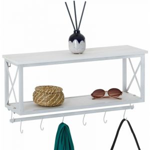 Idimex Porte-manteaux mural ARMANDO avec 2 étagères de rangement en bois blanc et 6 patères crochets sur tringle, cadre en métal blanc