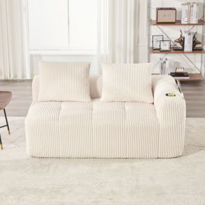 Canap&eacute; 2 places en velours c&ocirc;tel&eacute; 158 cm, coussins doux, poches lat&eacute;rales, porte-gobelets,Beige