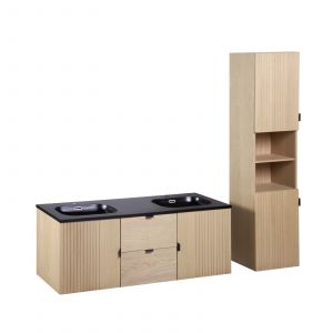 Meuble double vasque 140cm ch&ecirc;ne STUDIO suspendu + colonne