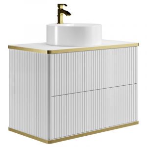 Meuble de salle de bain suspendu strié liseré doré avec vasque à poser ronde - Blanc - 80 cm - KELIZA
