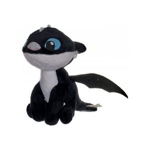 Peluche dragons : b&eacute;b&eacute; dragon noir fl&egrave;che 37 cm yeux bleu - peluche licence dragons - doudou enfant